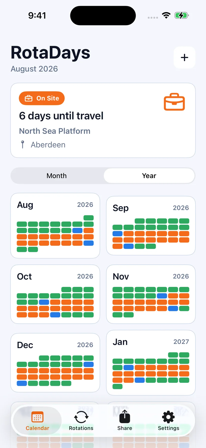 RotaDays year view showing six months at once, each day coloured by work, days off and travel.