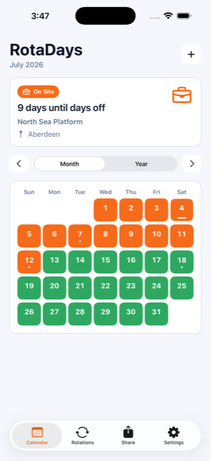 RotaDays home calendar showing the current rotation and a countdown to the next change