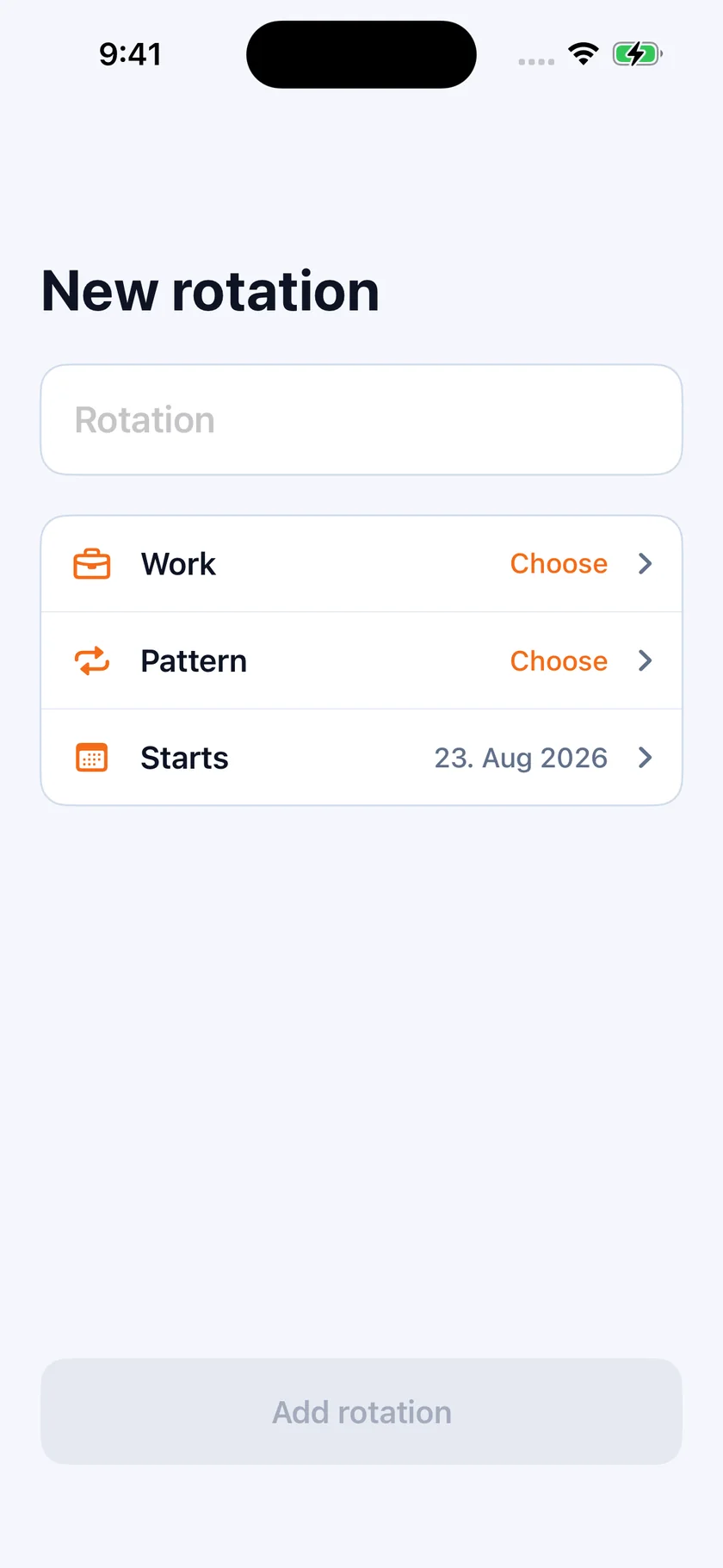 The New rotation screen in RotaDays with three fields: Work, Pattern and Starts.