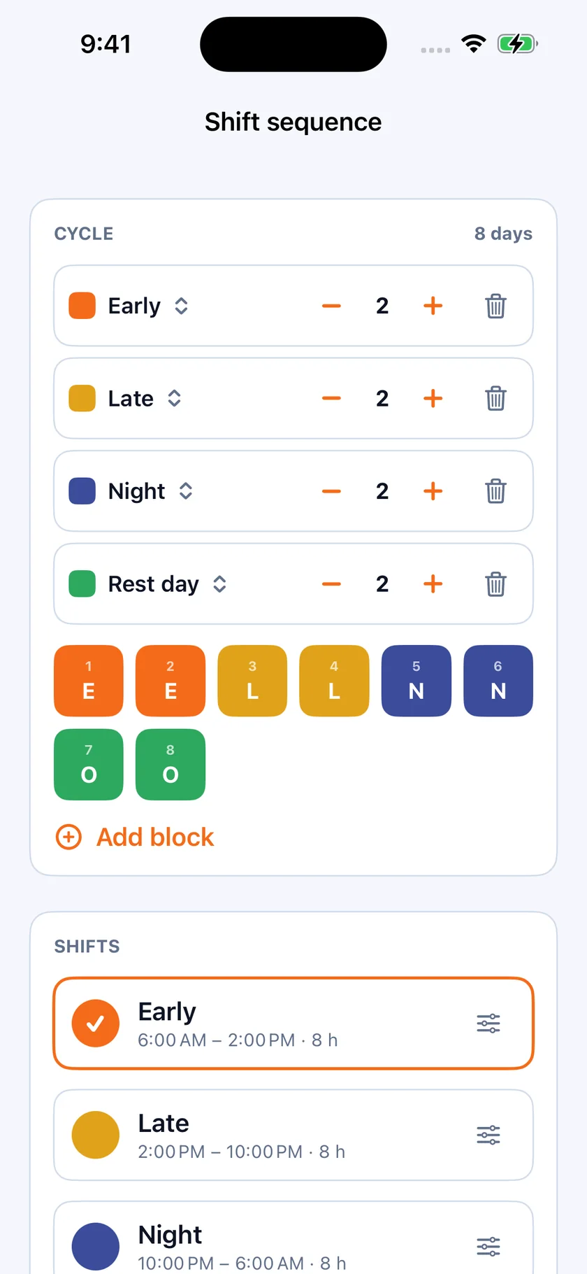 The shift sequence editor: an 8 day cycle built from 2 Early, 2 Late, 2 Night and 2 Rest day blocks, each with its own colour and shift times.