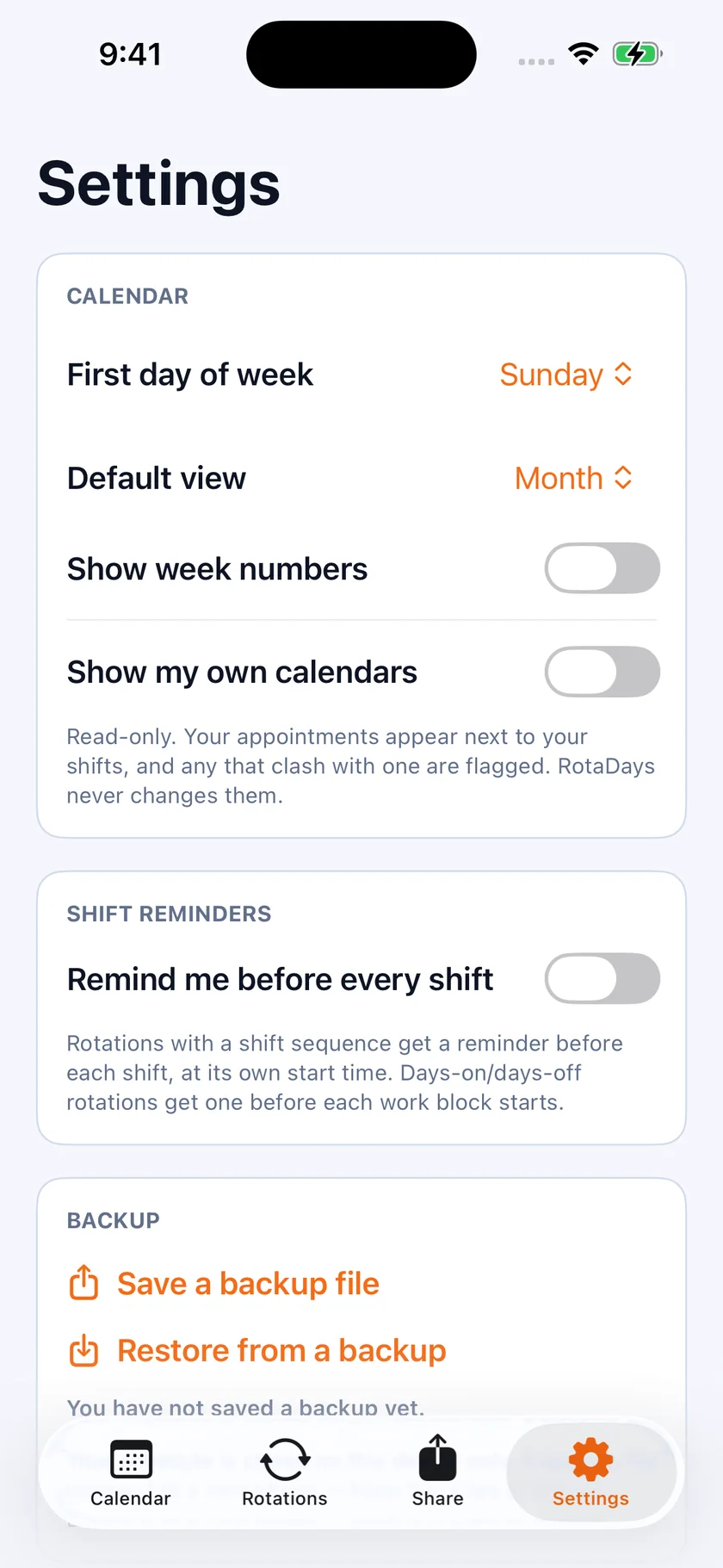 RotaDays settings showing calendar options, shift reminders, backup, and the Apple Calendar export controls.