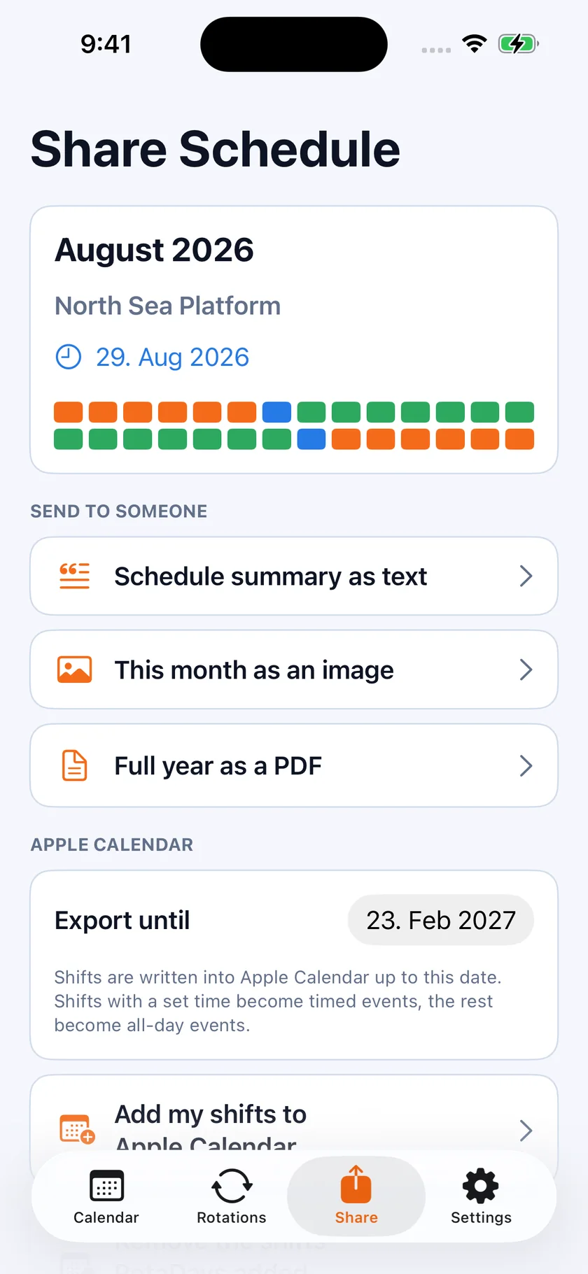 The RotaDays share screen with options to send a schedule summary as text, this month as an image, or the full year as a PDF.