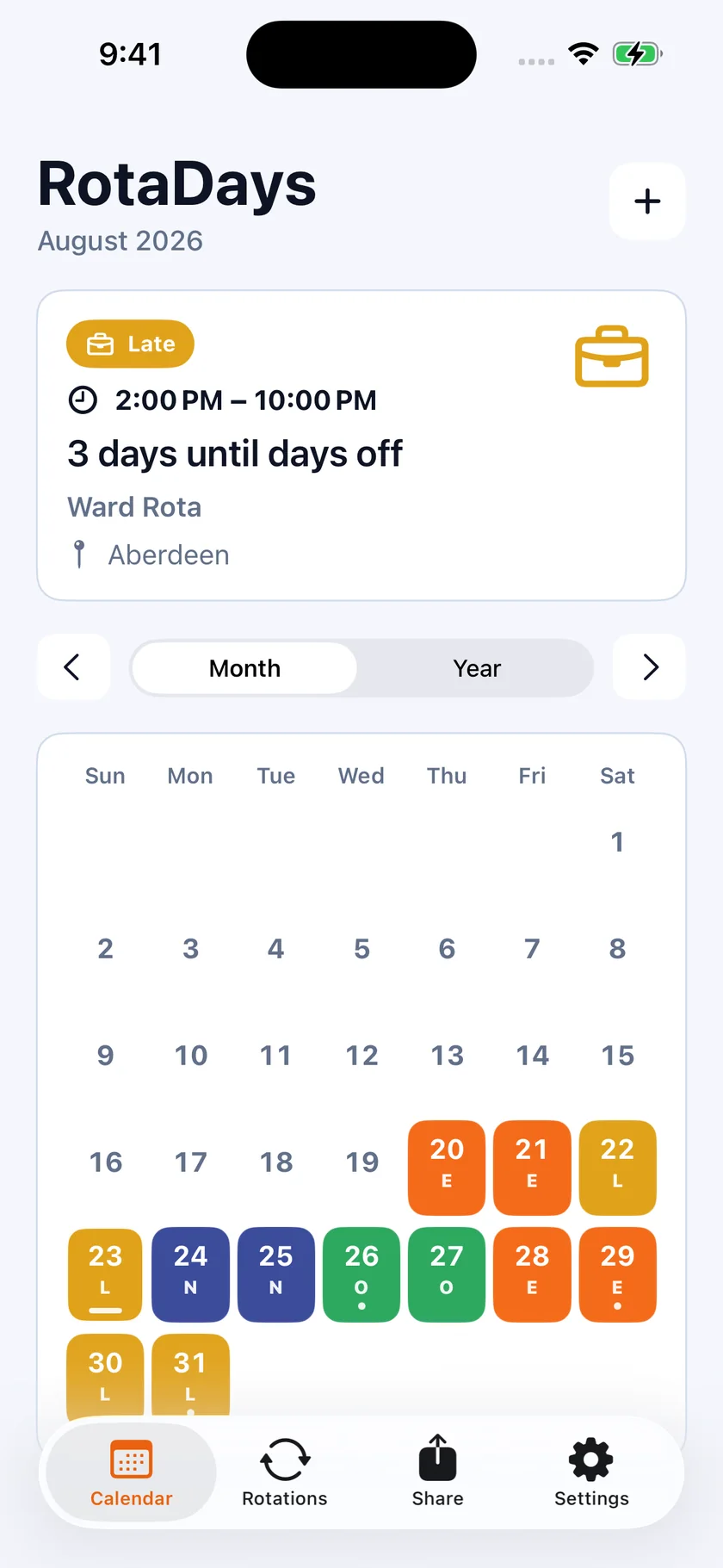 A RotaDays month with each day labelled E, L or N for early, late and night shifts, and a countdown reading 3 days until days off.